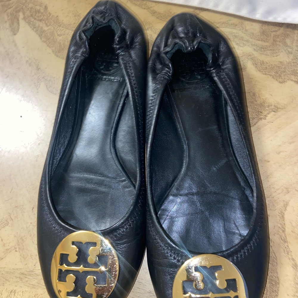 Tory Burch Black Leather Flats with Gold Logo